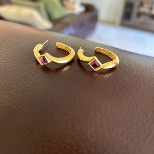 Vintage Monet Gold Tone & Lab Created Amethyst Hoop Earrings